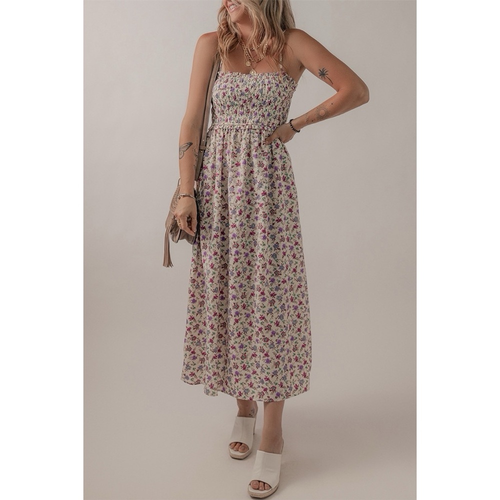 New Boho Multicolor Ditsy Floral Smocked Fit Flare Sundress